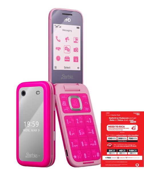 Barbie Flip Phone 128MB LTE - Pink + Vodacom Sim Card Pack