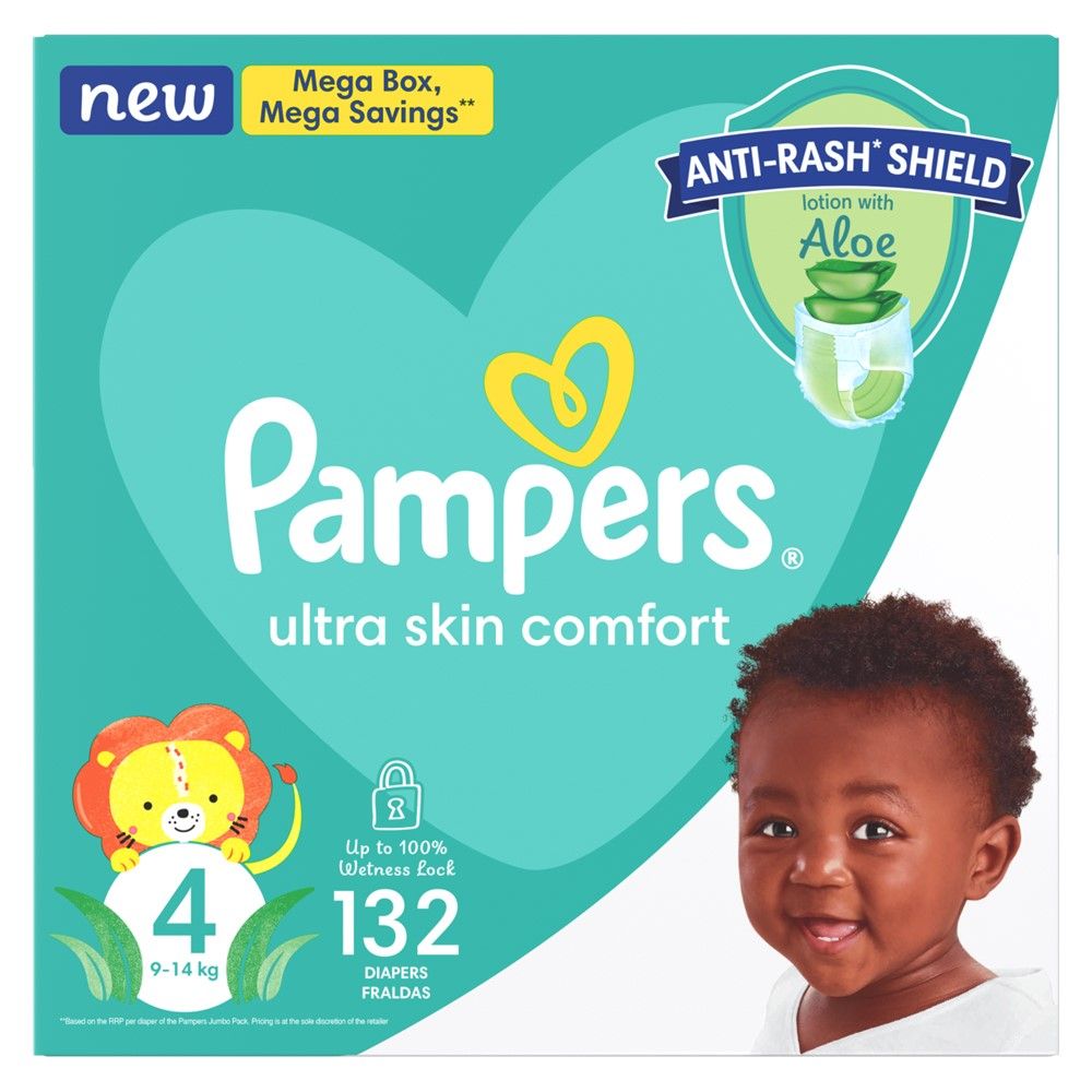 Pampers Anti-Rash Shield Taped Diapers - Size 4 (9-14 kg), 132 Diapers