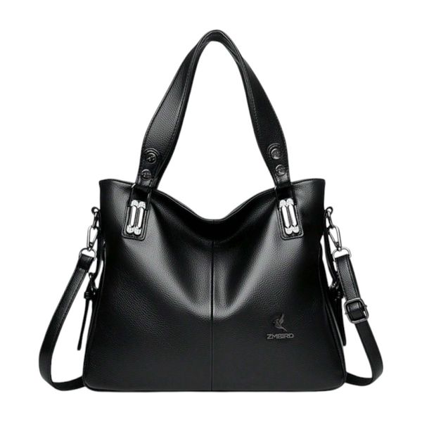 ZMBIRD - Luxury Faux Leather Shoulder Tote Bag With Silver Accents - Black