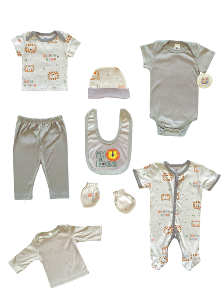 Newborn Essentials Baby Clothes Starter Set - 8 Piece - Grey - Lion
