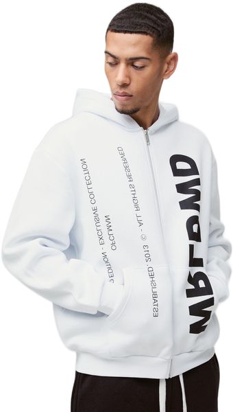 boohooMAN - Men's Worldwide Text Zip Through Hoodie - White