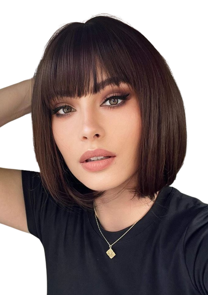 Short Straight Brown Bob Wig with Bangs 35 Cm