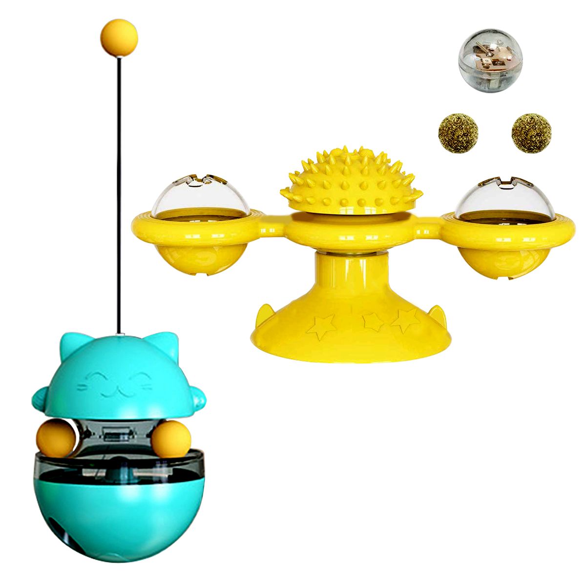 Cat Tumbler Leaking Food Ball Toy & Suction Cup Windmill Scratcher Toy Set