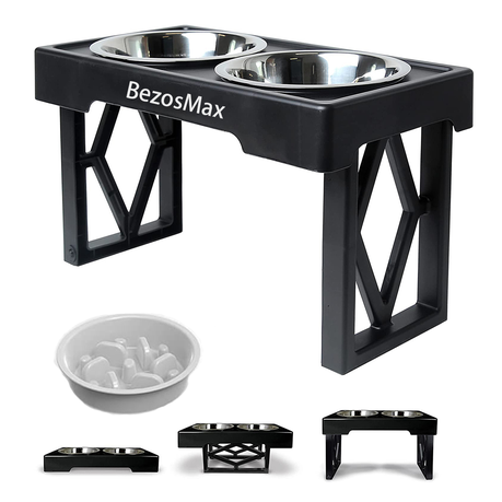 BezosMax 3 in 1 Adjustable Elevated Dog Bowls Slow Feeder Rack 2.7''-11.8'' Image