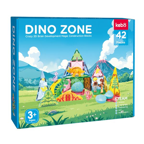 KEBO Dino Zone - 42 Piece Magnetic Tiles Set | STEM Building Blocks | 3+