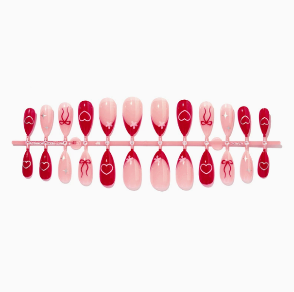 Salon Quality Handmade Gel Press-On Nails Almond- Sweetheart Red Romance