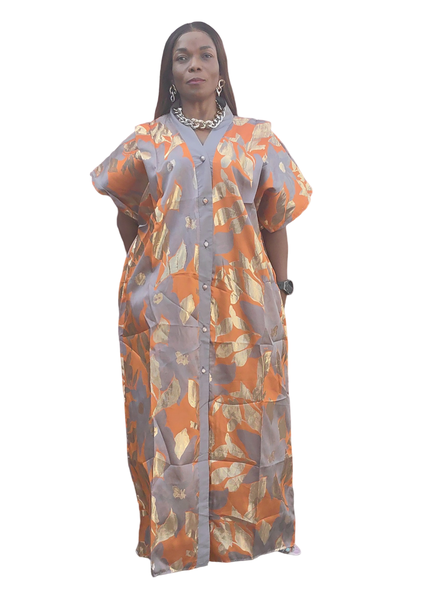 The Loveth Damask Kimono Dress - Orange &amp; Gold Floral