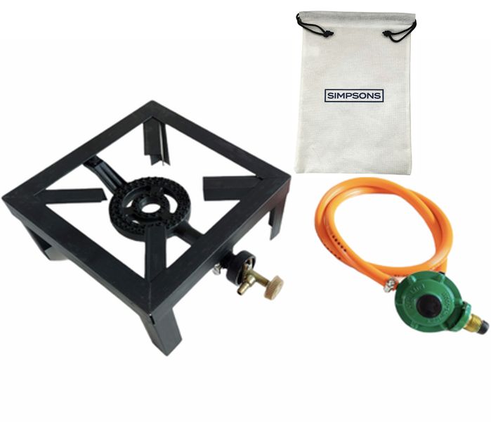 Single Gas Burner, 4 Legged with Hose ,Regulator Set and Simpsons Bag