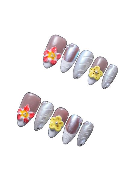 10 Piece - Floral Droplet Almond Press-On Nails Set - Multicolor