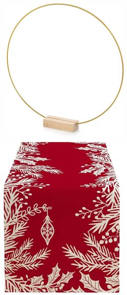 Red and White Festive Table Runner with Gold Round Centerpiece Stand