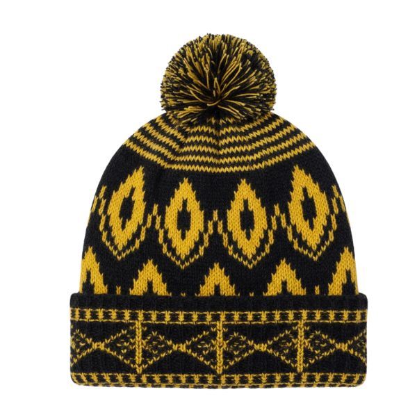 Black &amp; Yellow Geometric Patterned Knitted Beanie with Pom Pom - Winter Hat