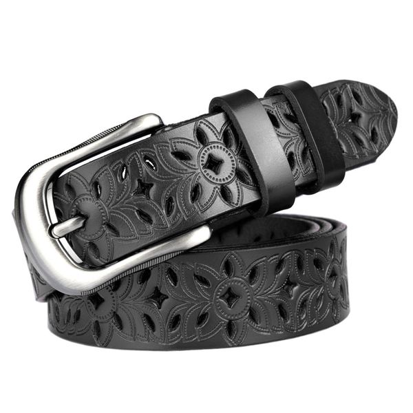 Women Leather Flower Carved Pin Styles Metal Buckle Waist Belt-Black