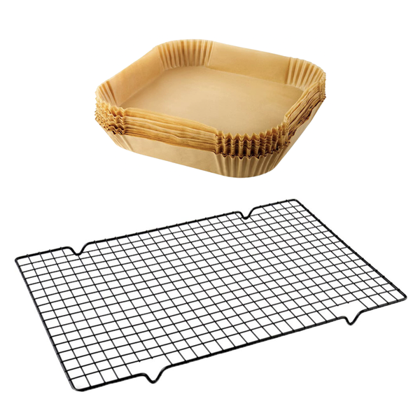Pack of 100 Square Air-Fryer Paper Liners with Stainless Steel Cooling Rack