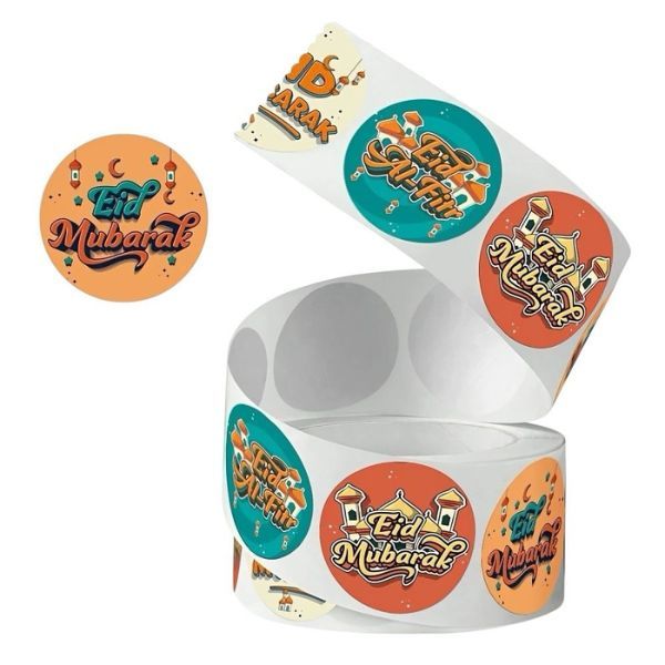 500 Pieces Vibrant Round Eid Mubarak Cartoon Sticker Roll - Self Adhesive