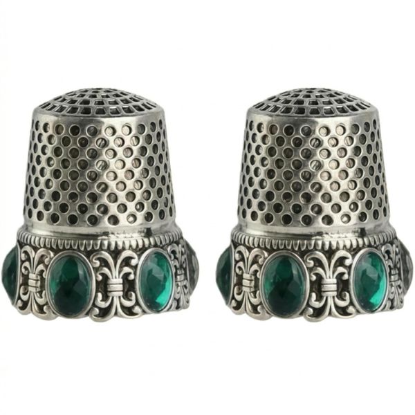 Vintage Rhinestone Stainless Steel Sewing Thimble Rings - 2PCS