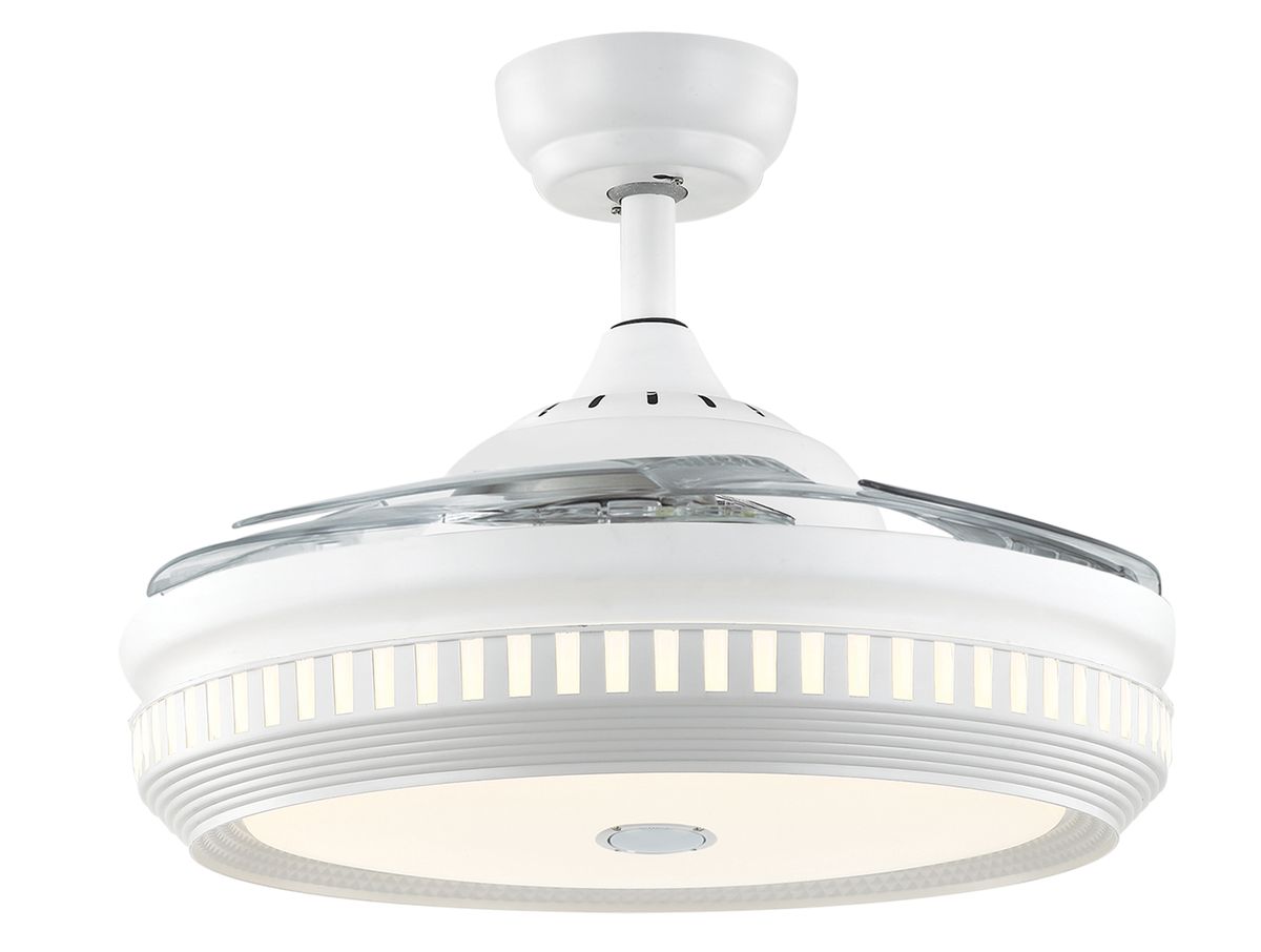 Retractable White Ceiling Fan with LED Light and Bluetooth Speaker - FCF062