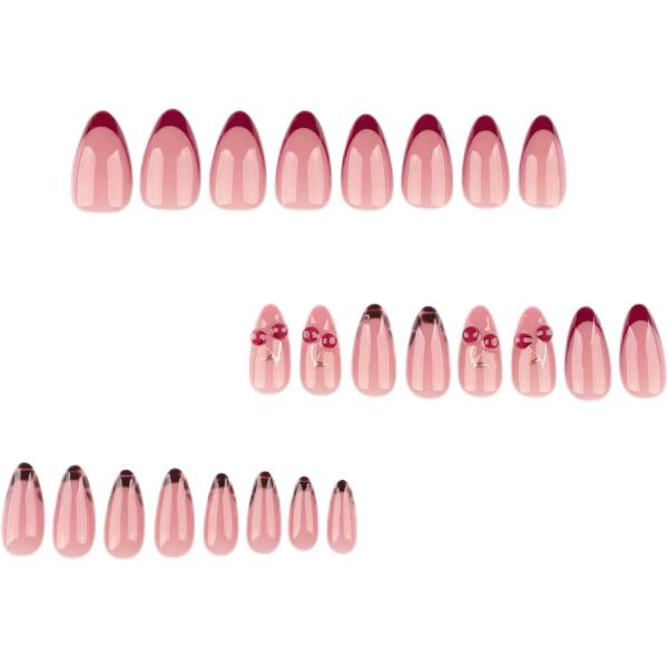 Press On Nails Almond 3D Cherry Design With Gold Branch, Red French Tips