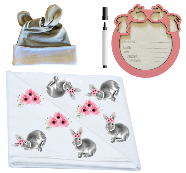 Swaddle, Newborn Beanie &amp; Birth Announcement -Grey Floral Bunny