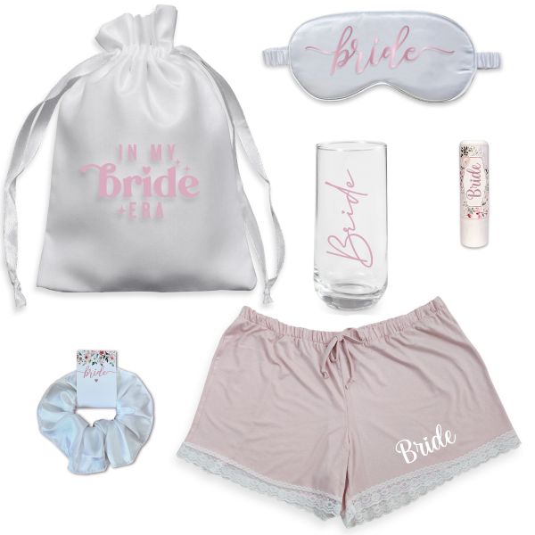 Bride Glass, Eyemask, Scrunchy, Shorts, Lip Balm &amp; Drawstring Bag Gift Set