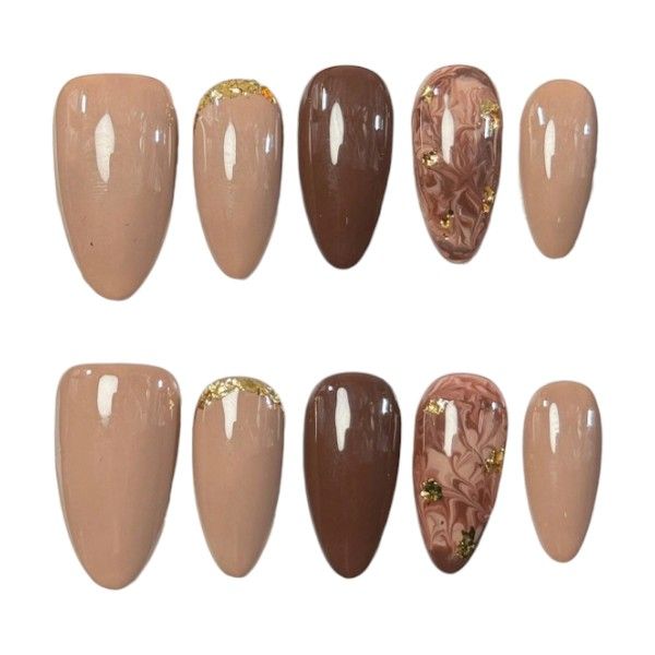 10 Piece - Almond-Shaped Tie Dye Press On Nails - Brown