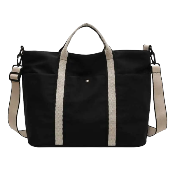Large Tote Bag with Adjustable Strap and Top Handle - Black and Beige
