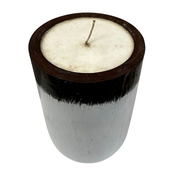 Gradient Black to Ivory Candle in Hand-Painted Wooden Vessel