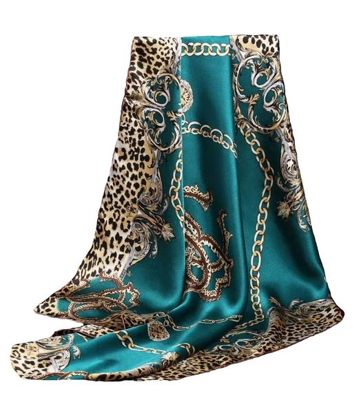 Lady's Satin Silky Scarf with Leopard and Various Pattern - Teal/Brown