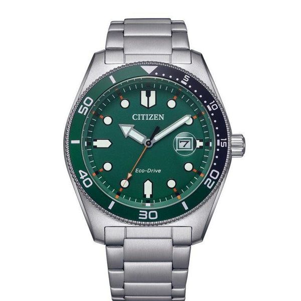 Citizen Men Silver-Green Eco-Drive Metal Sport, Formal, Analogue AW176880X