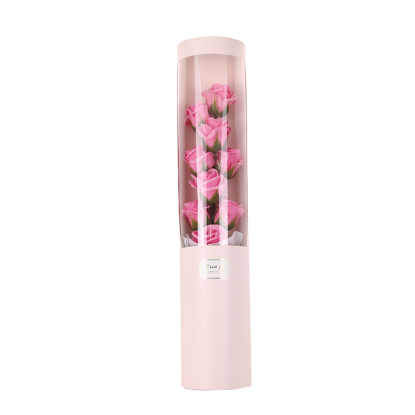 Artificial Soap Rose Flower Bouquet Tube PVC Box with White Led Light Gift