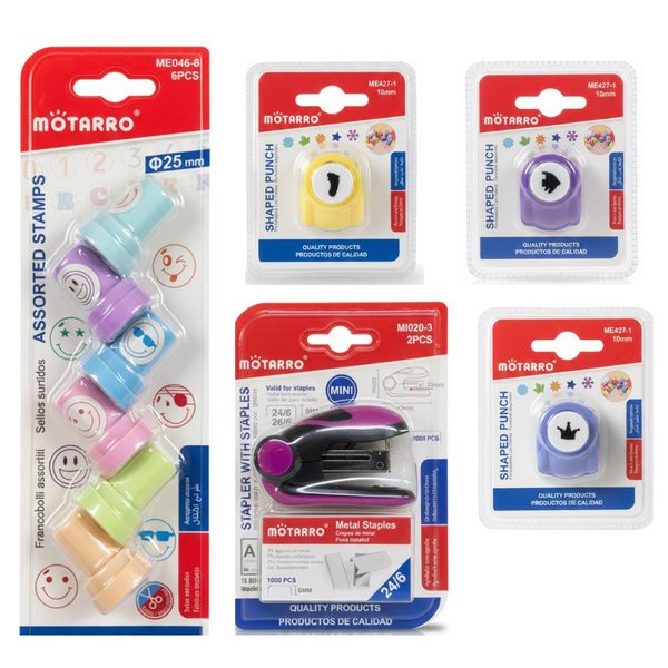 Motarro Craft &amp; Office Set - 3 Shaped Punches, Mini Stapler &amp; 6 Stamps
