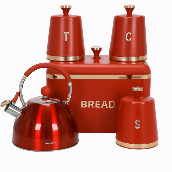 Kitchen Storage Set with Kettle - Red and Gold - 5-Piece Set