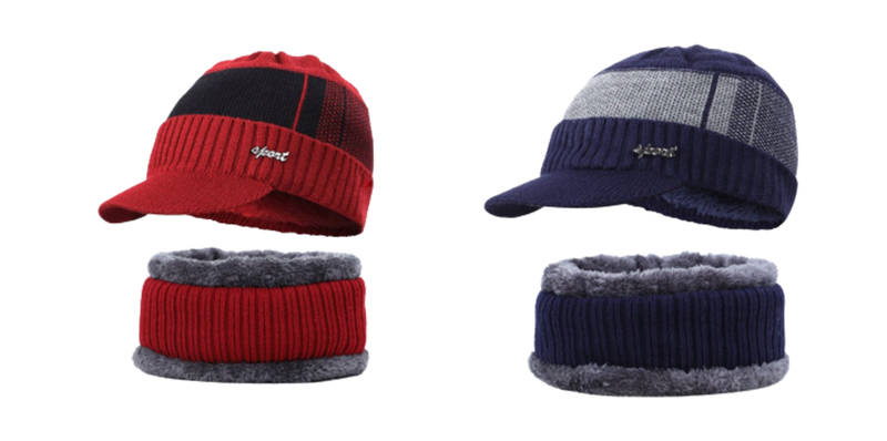 Lunae - 2 x Red and Blue Winter Skully Beanie Cap with Visor