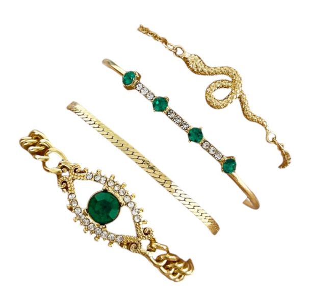 Rhinestone Snake Shaped Bracelet Set With Open Cuff Bangle - Gold