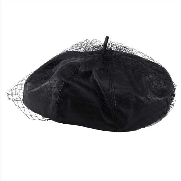 Black Leather Beret With Veil Mesh Show Double Layer Women Beret