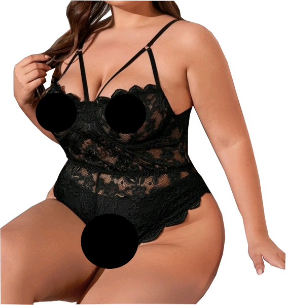 Plus Floral Lace Scallop Trim Teddy Bodysuit With Underwire