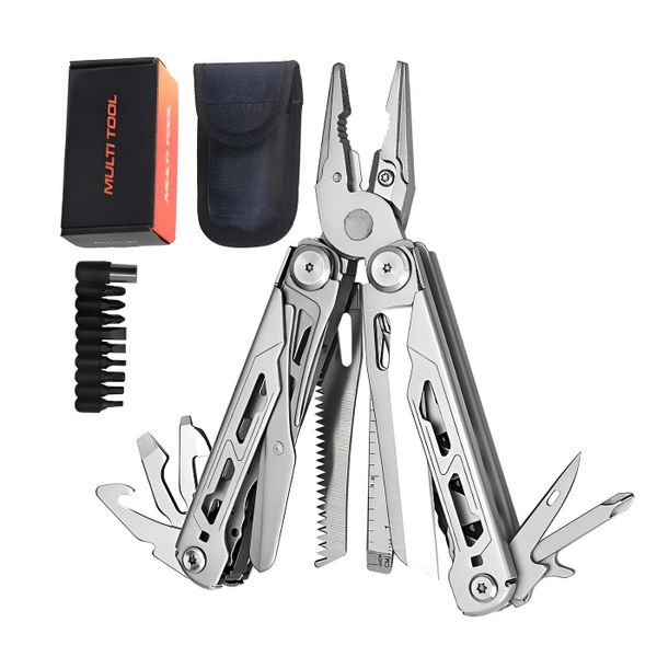 14 in 1 EDC Multi Tool with Pouch for Outdoor &amp; Camping Use - Silver
