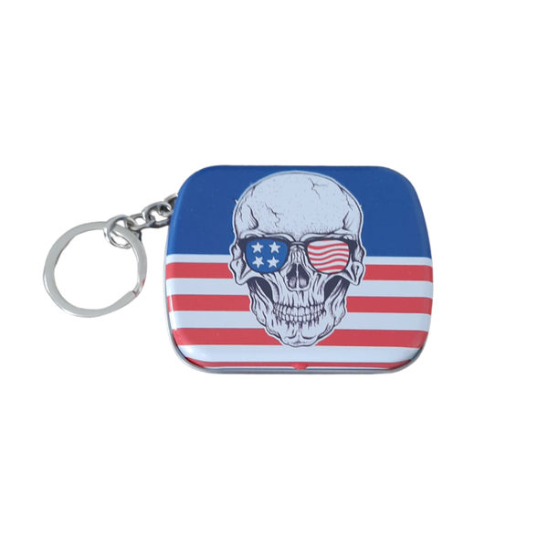 Key Chain Storage Tin-Box (USA Skull Flag Design)