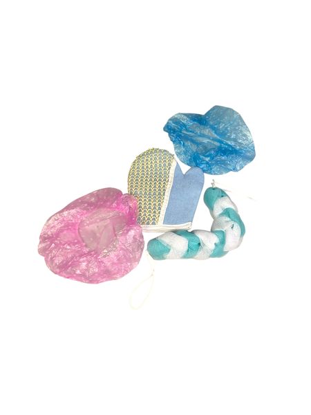 Shower Caps and Shower Scrubs Combo Pack - Reusable Bath Essentials