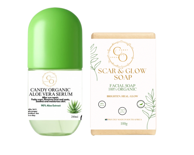Candy Organic Aloe Vera Serum + Scar &amp; Glow Soap - Scar Repair, Acne Combo