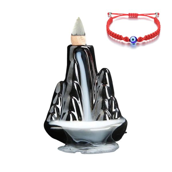 Ceramic Backflow Incense Burner Tall Waterfall &amp; Evil Eye Bracelet Bundle