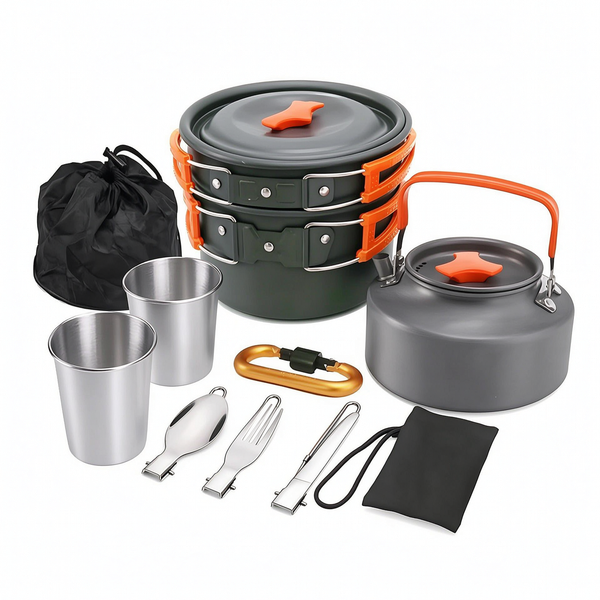 10 Piece Camping Cookware Mess Set Foldable Pot Pan Kettle Aluminum Outdoor