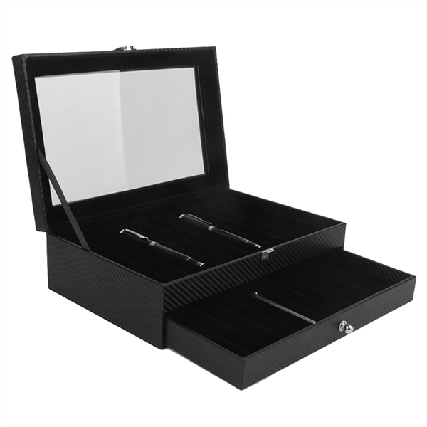24 Slots Wooden Pen Display Storage Box 2 Layer PU Pen Case Carbon