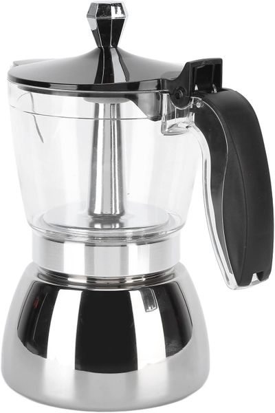 6 Cup Stainless Steel Moka Pot with Glass Top for Stovetop Coffee