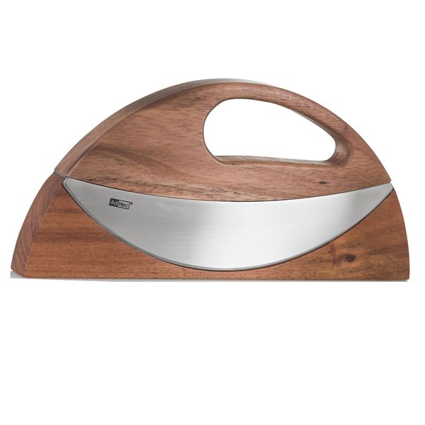 AdHoc Double Mezzaluna Chopping Knife Stainless-Steel with Wood Stand Wave