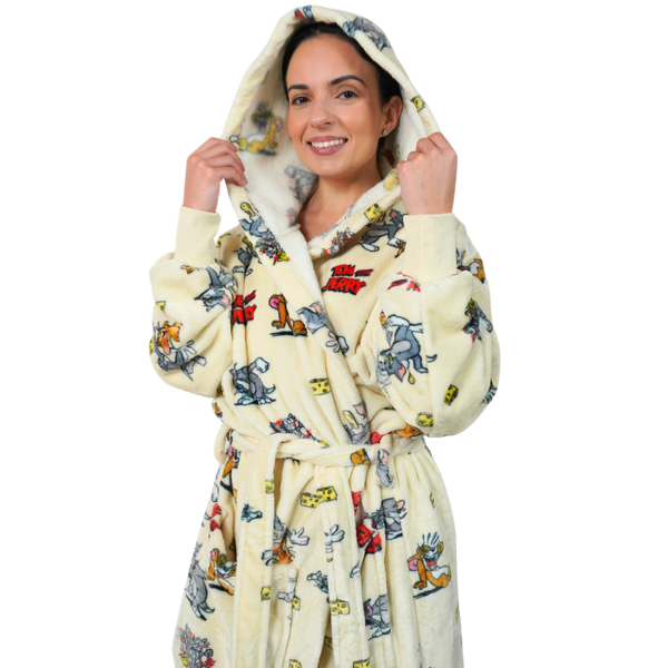 Tom and Jerry Fleece Hooded Bathrobe - Soft Plush Long Robe