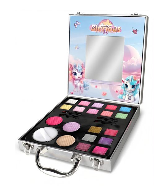 Magical Unicorn 24-Piece Cosmetic Set with Silver Carry Case &amp; Mirror