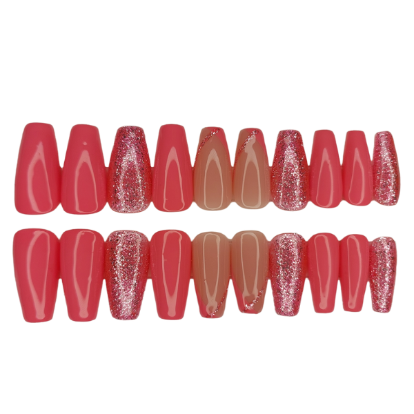 Luxury Press On Nails - Medium Coffin Pink &amp; Glitter Set - 20 Piece