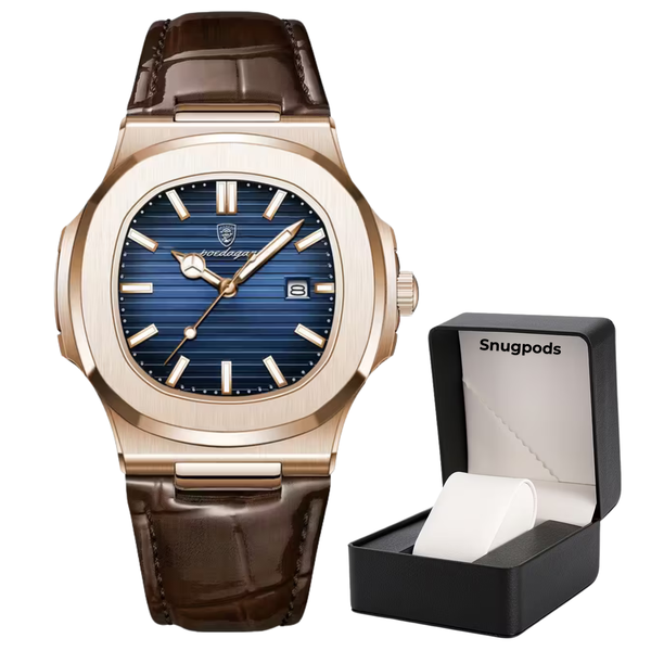 Poedagar Men's Watch - Blue Leather Crystal Luxury Watch With Snugpods Box