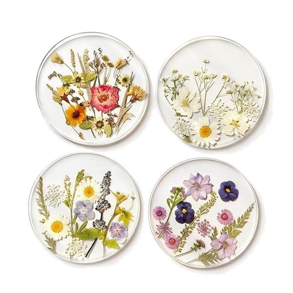 4 Piece Dried Flower Acrylic Coasters, Transparent Floral Drink Coasters