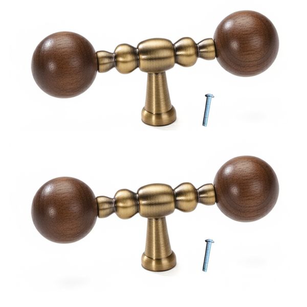 2 Pack Walnut Wood Ball T-Bar Knobs Antique Brass Single Hole Kitchen Drawe